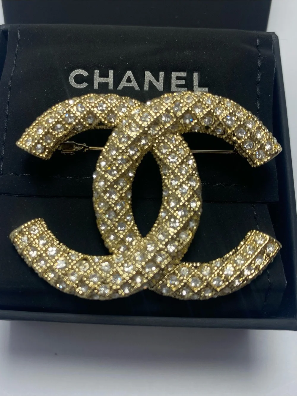 CHANEL Gold Crystal Interlocking CC Brooch